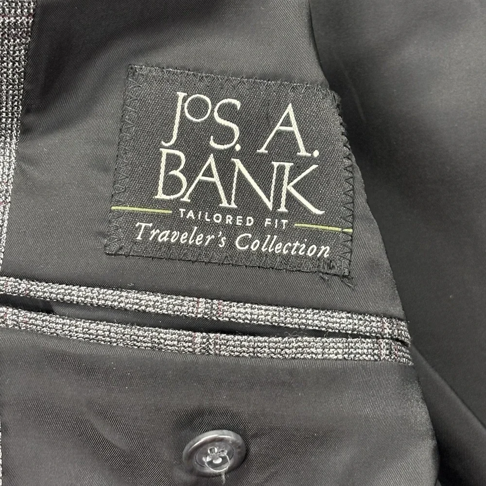 Jos A Bank Traveler Blazer Mens 39R Wool Windowpane Check 2 Button Gray‎ Jacket
